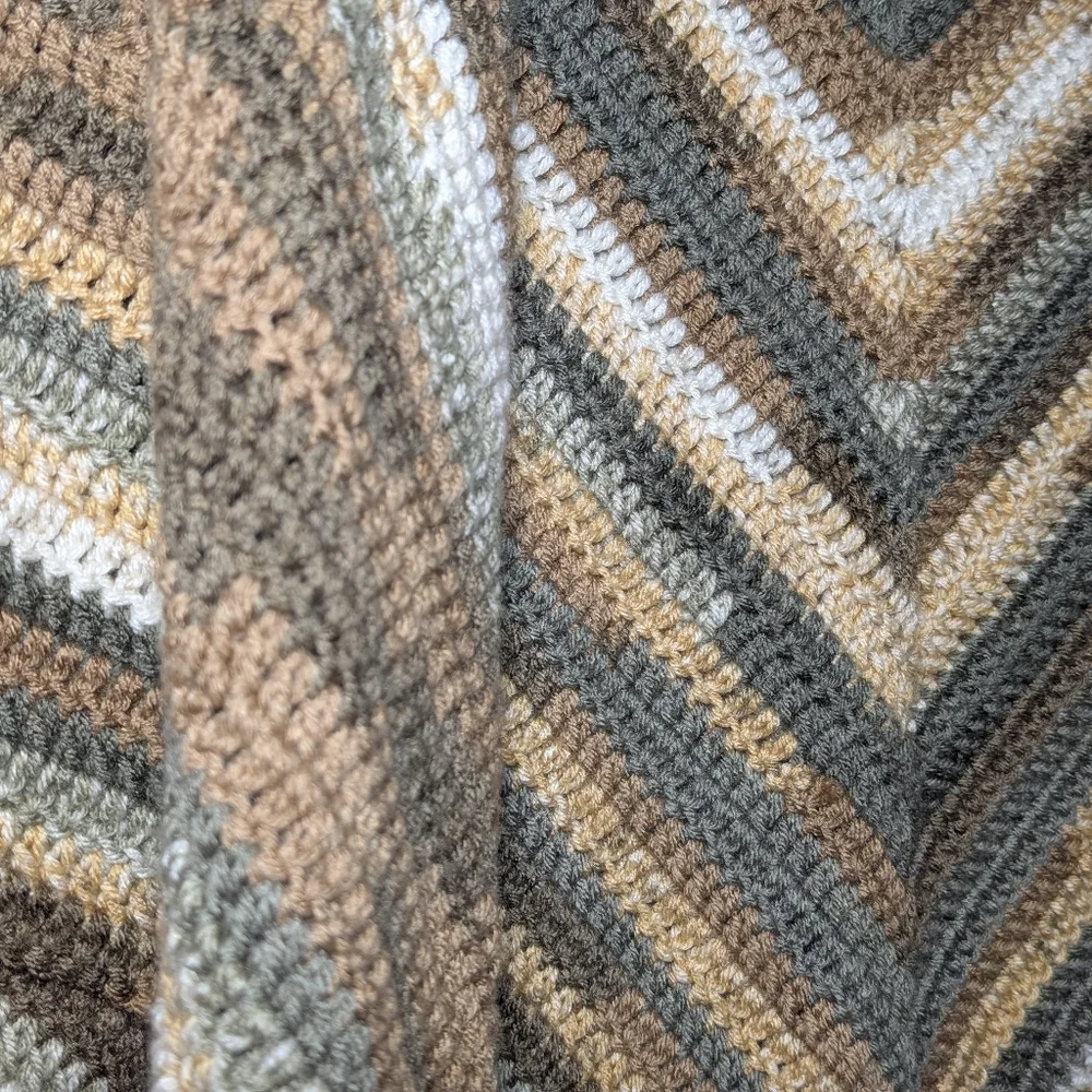 Crocheted Chevron Earthtone Shawl Shoulder Wrap Tassels Green Brown Tan